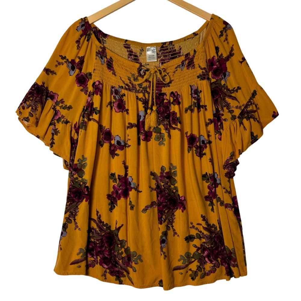 Womens Plus 0X 14W Terra & Sky Mustard‎ Yellow Floral Boho Peasant Top Blouse